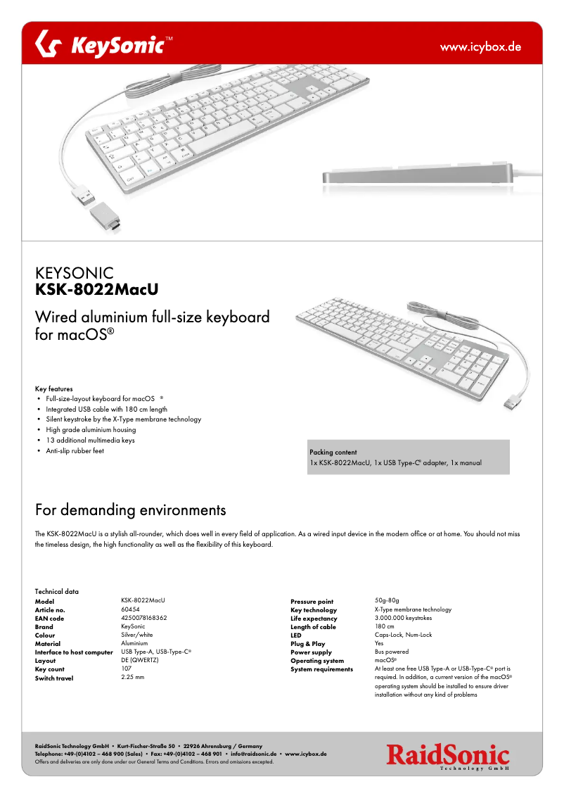 Page 1 de la notice Fiche technique KeySonic KSK-8022MacU