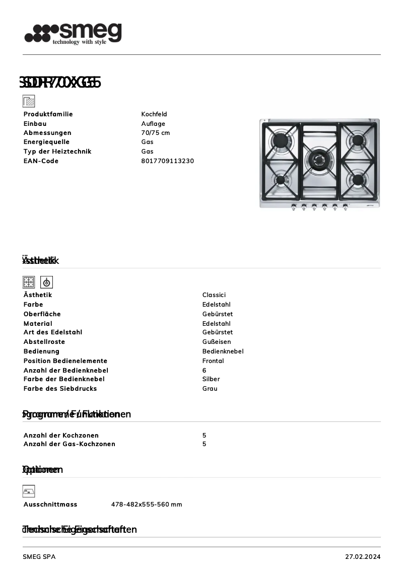 Page 1 de la notice Fiche technique Smeg SDR70XG5