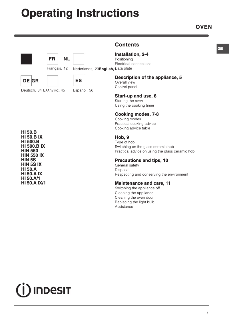 Page n°1 - Manuel utilisateur Indesit HI 50.A (WH)/1