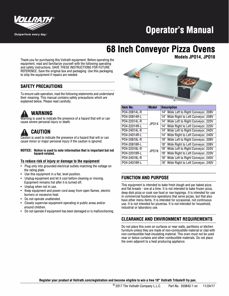 Page 1 de la notice Manuel utilisateur Vollrath JPO18