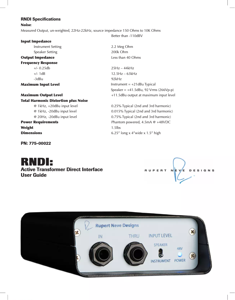 Page 1 de la notice Manuel utilisateur Rupert Neve Designs RNDI
