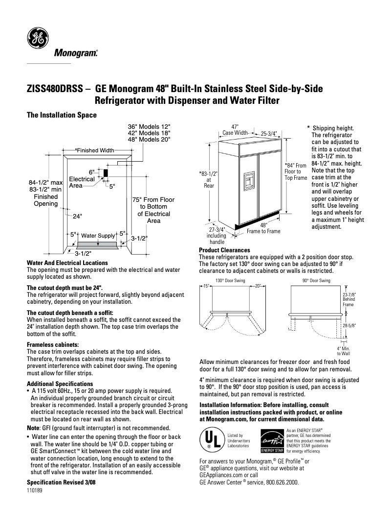 Página 1 del manual Ficha técnica GE ZISS480DRSS