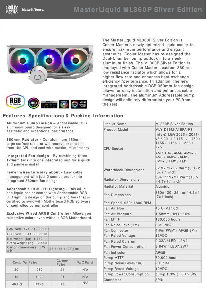 Page n°1 - Manuel utilisateur Cooler Master MasterLiquid ML360P Silver Edition