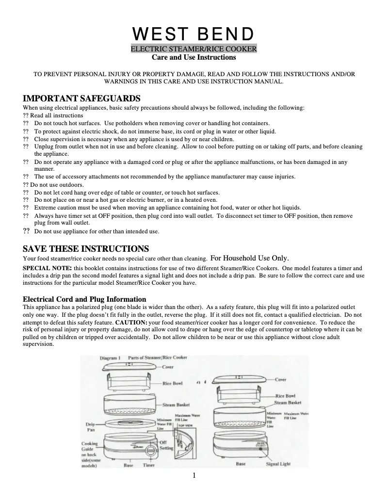 Page n°1 - Manuel utilisateur WestBend 86600