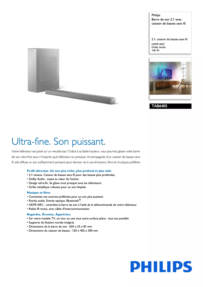 Page n°1 - Fiche technique Philips TAB6405