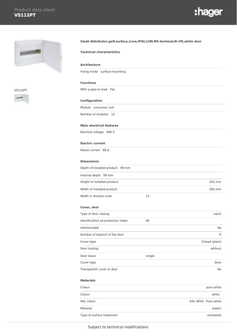 Page n°1 - Fiche technique Hager VS112PT