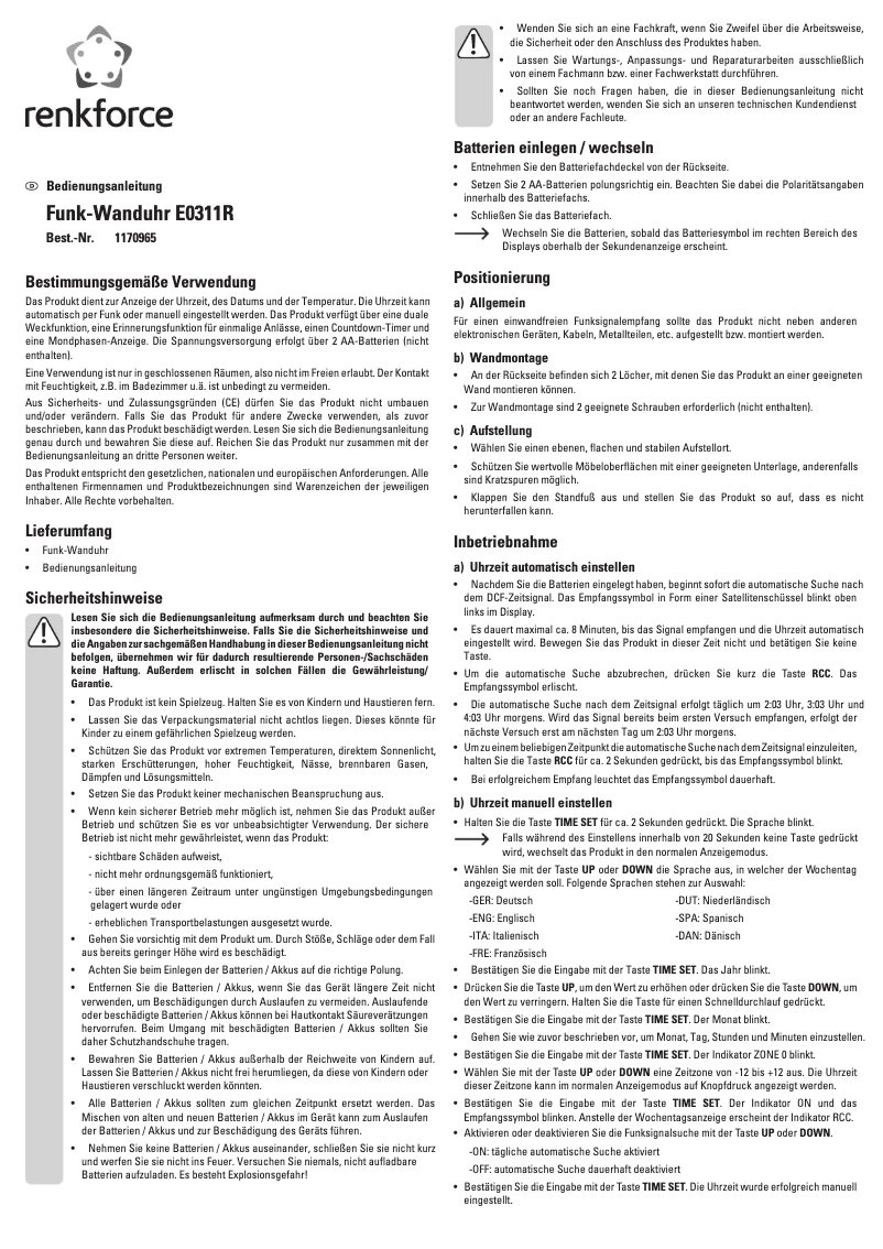 Page n°1 - Manuel utilisateur Renkforce E0311R