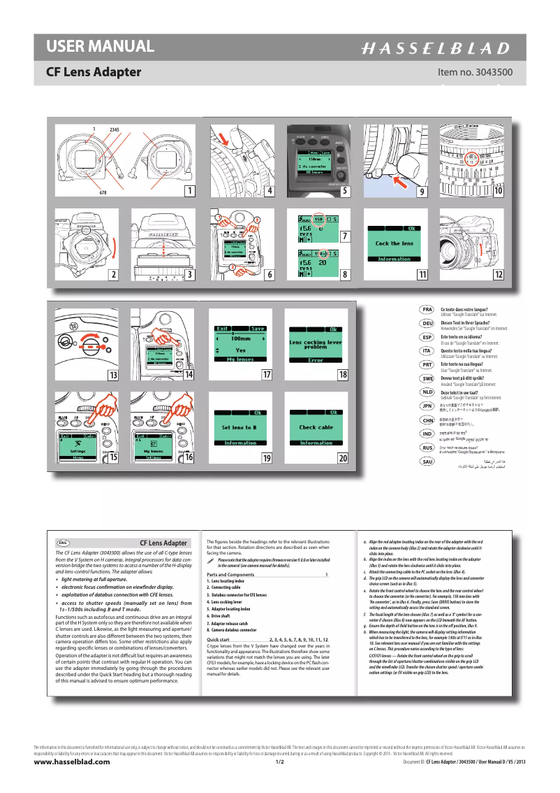 Page 1 de la notice Manuel utilisateur Hasselblad 3043500