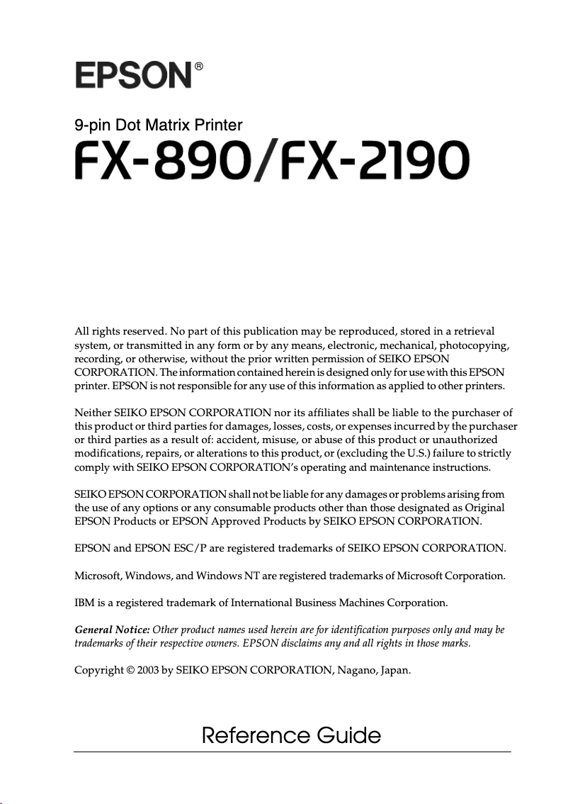 Page 1 de la notice Manuel utilisateur Epson FX-890