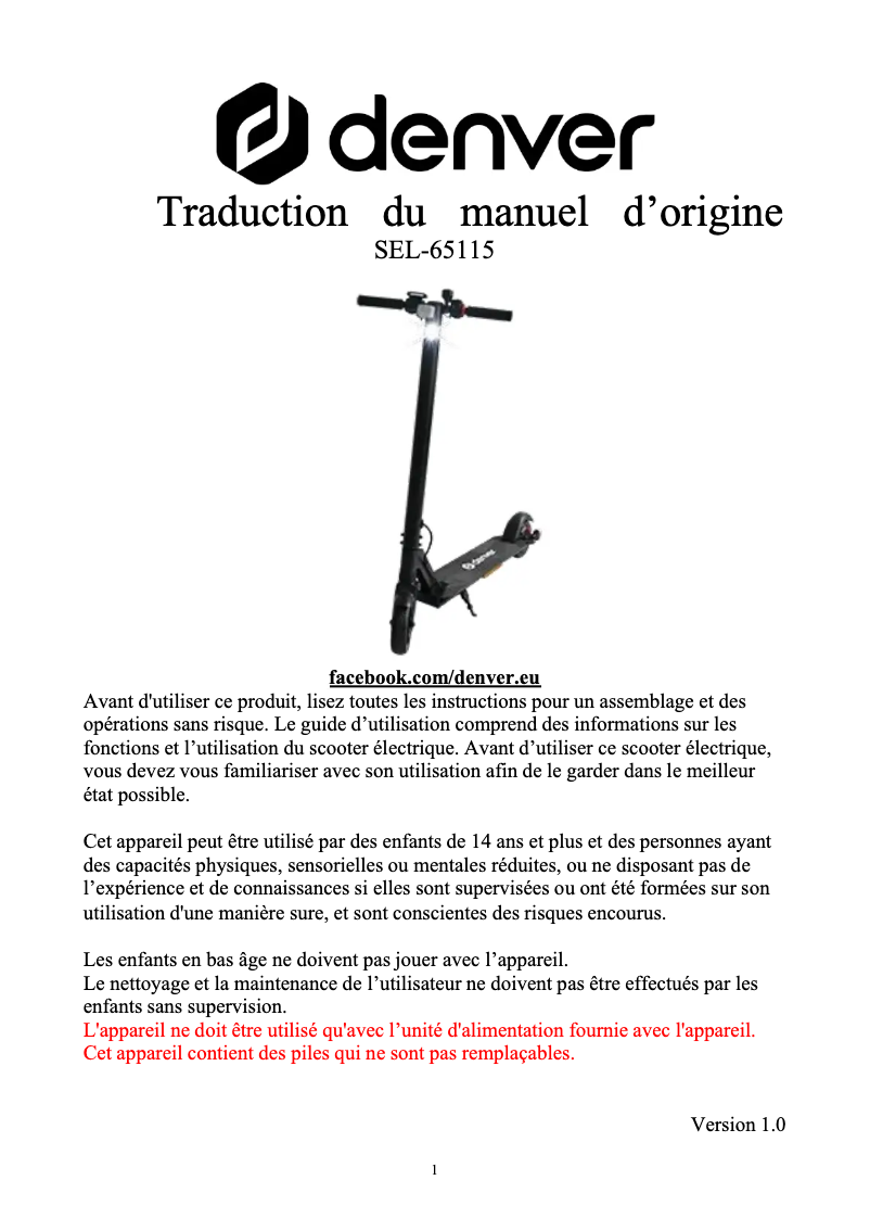 Page 1 de la notice Manuel utilisateur Denver SEL-65115O