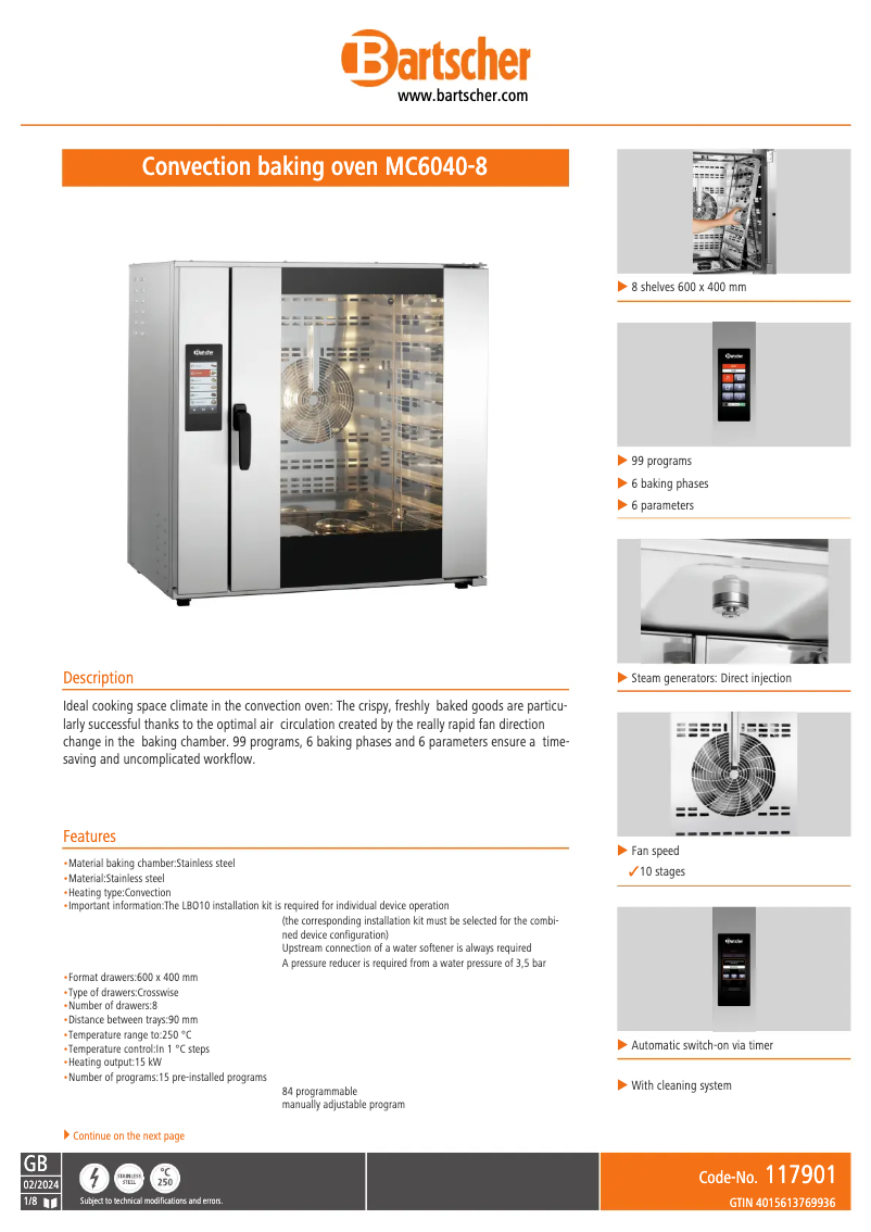 Page 1 de la notice Fiche technique Bartscher MC6040-8