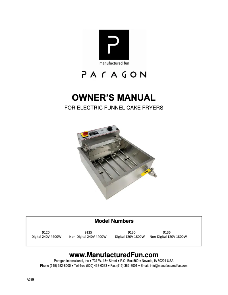 Page n°1 - Manuel utilisateur Paragon ParaFryer 9120