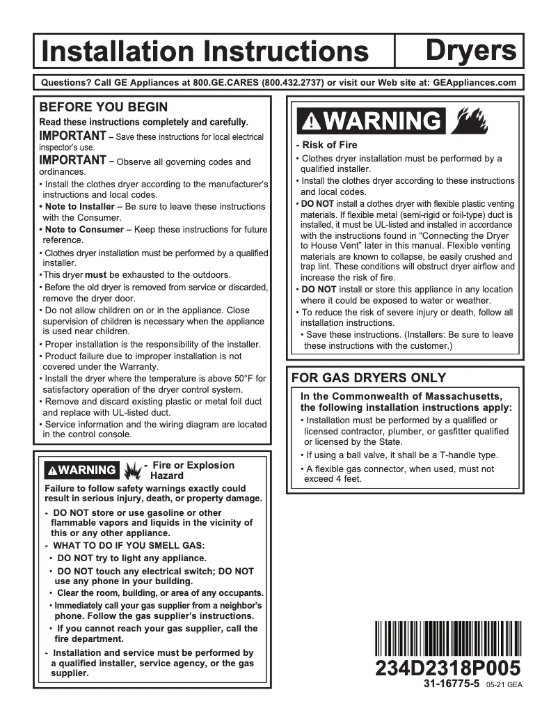 Page n°1 - Guide d'installation GE GTD65GBSJWS