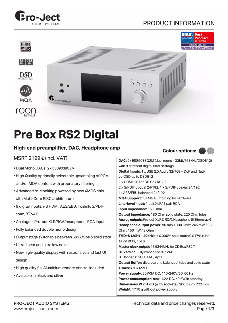 Page 1 of the manual Technical Sheet Pro-Ject Pre Box RS2 Digital