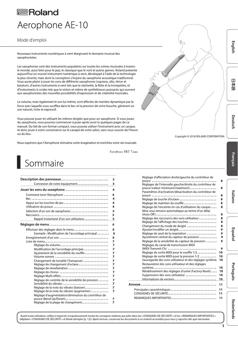Page 1 de la notice Manuel utilisateur Roland Aerophone AE-10