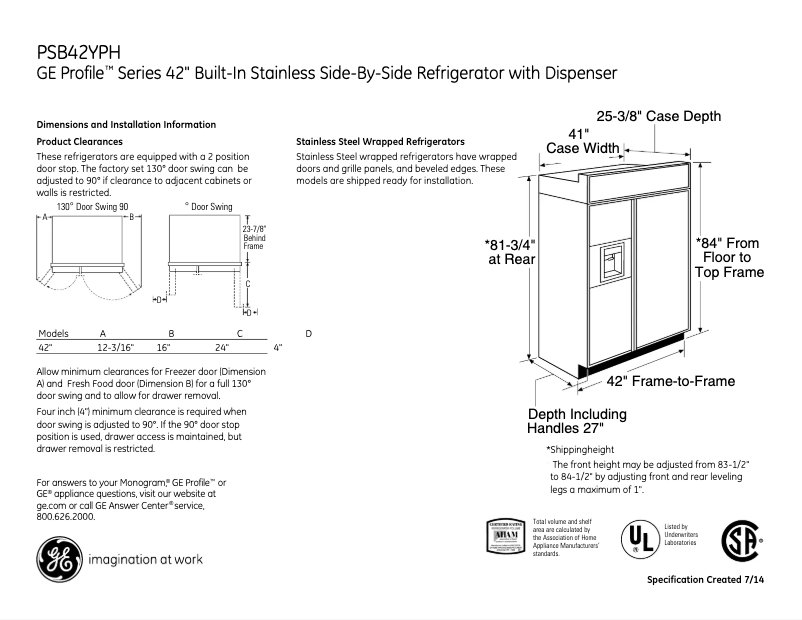 Page n°1 - Fiche technique GE Profile PSB42YPHSV