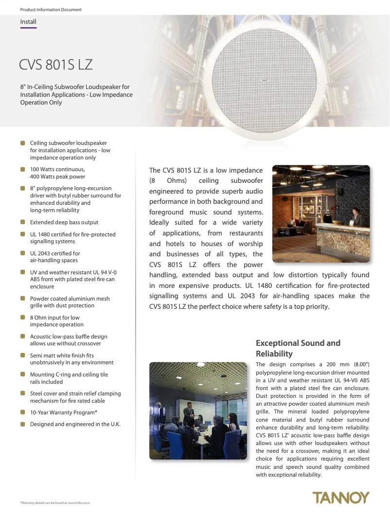 Page 1 de la notice Fiche technique Tannoy CVS 801S LZ