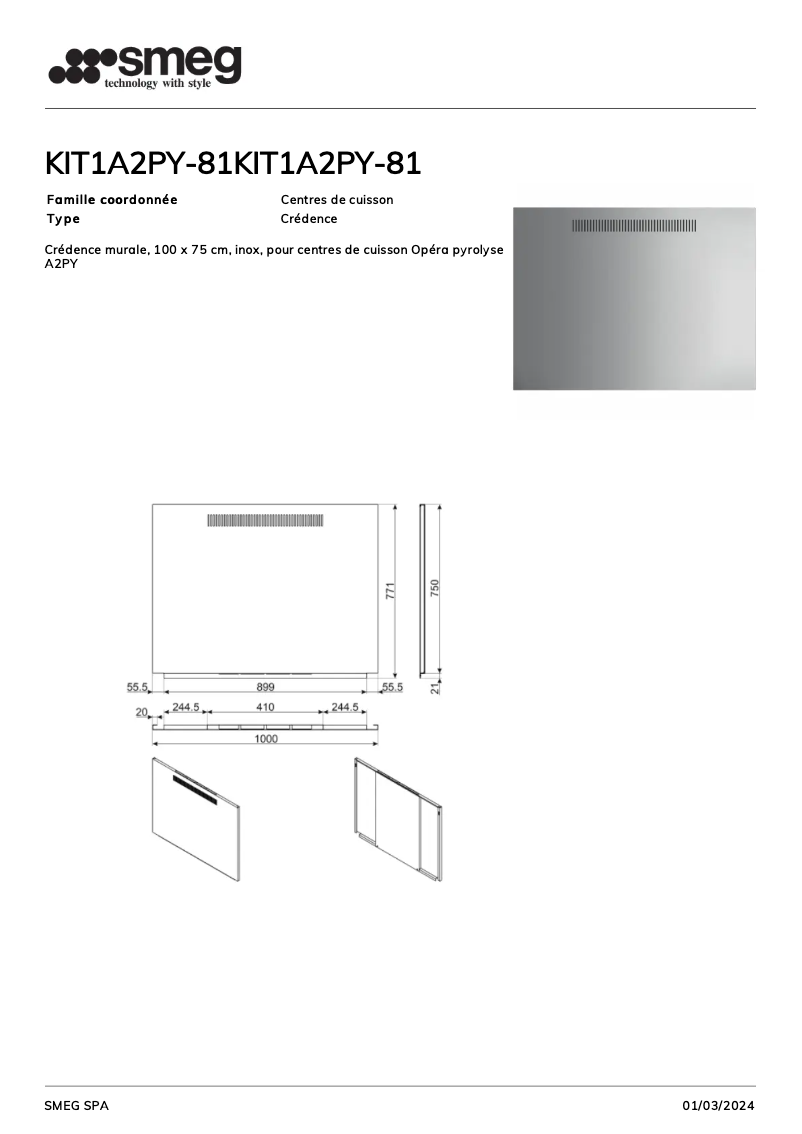 Page 1 de la notice Fiche technique Smeg KIT1A2PY-81