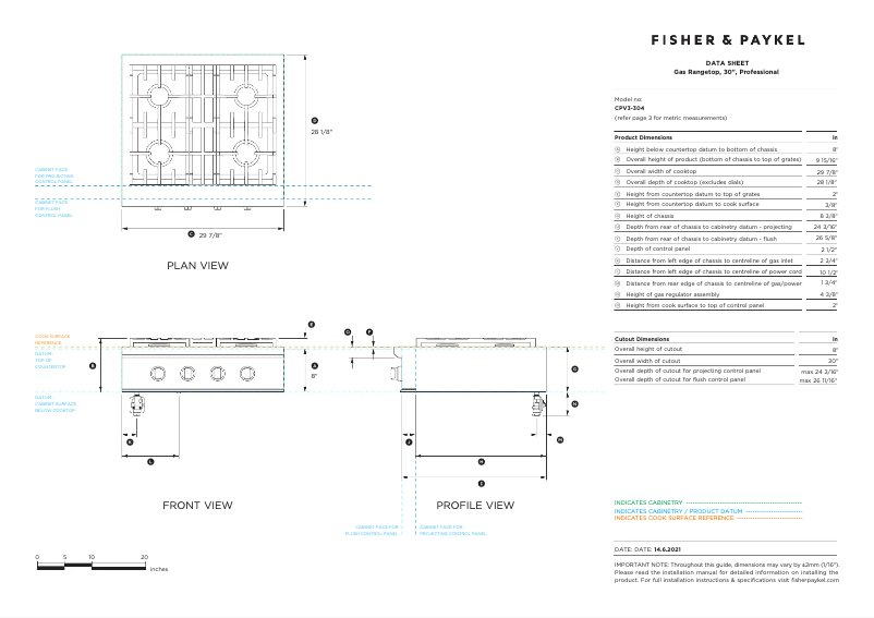 Página 1 del manual Ficha técnica Fisher & Paykel CPV3-304
