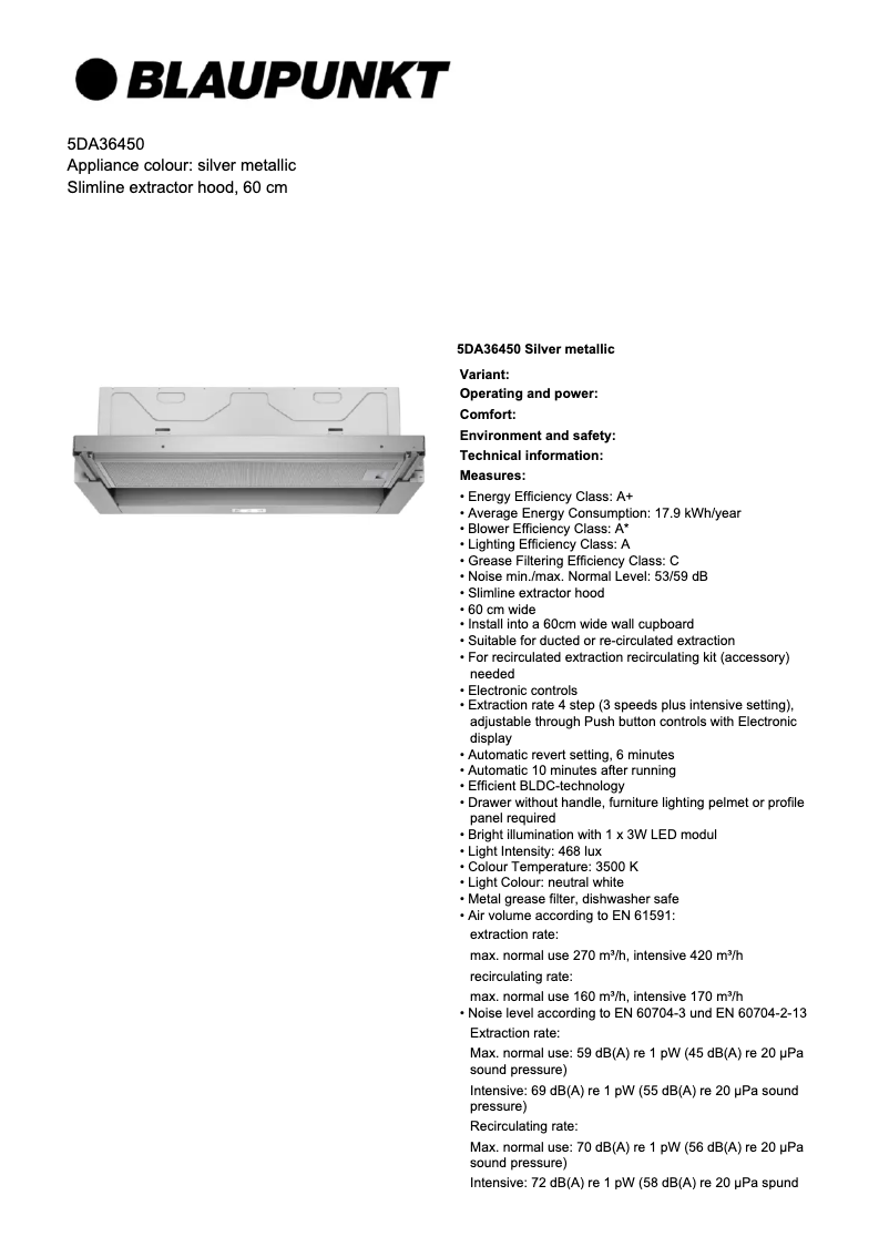 Page 1 of the manual Technical Sheet Blaupunkt 5DA36450