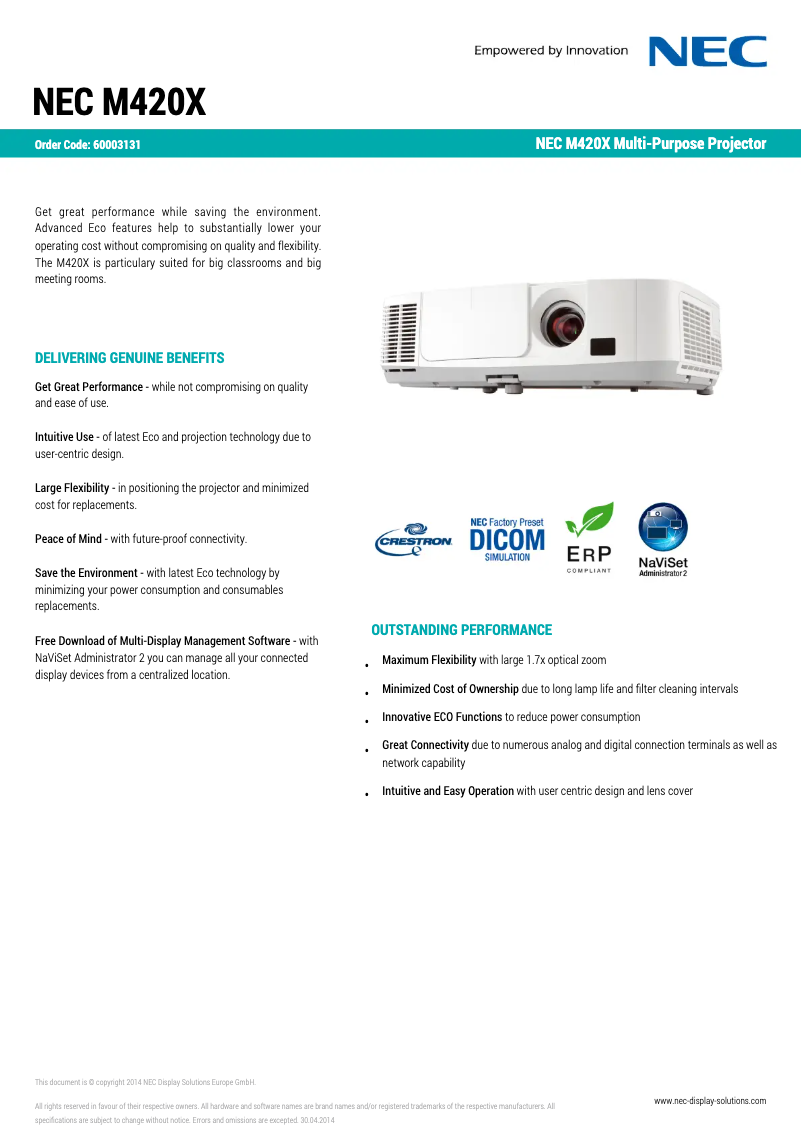 Page 1 de la notice Fiche technique NEC M420X