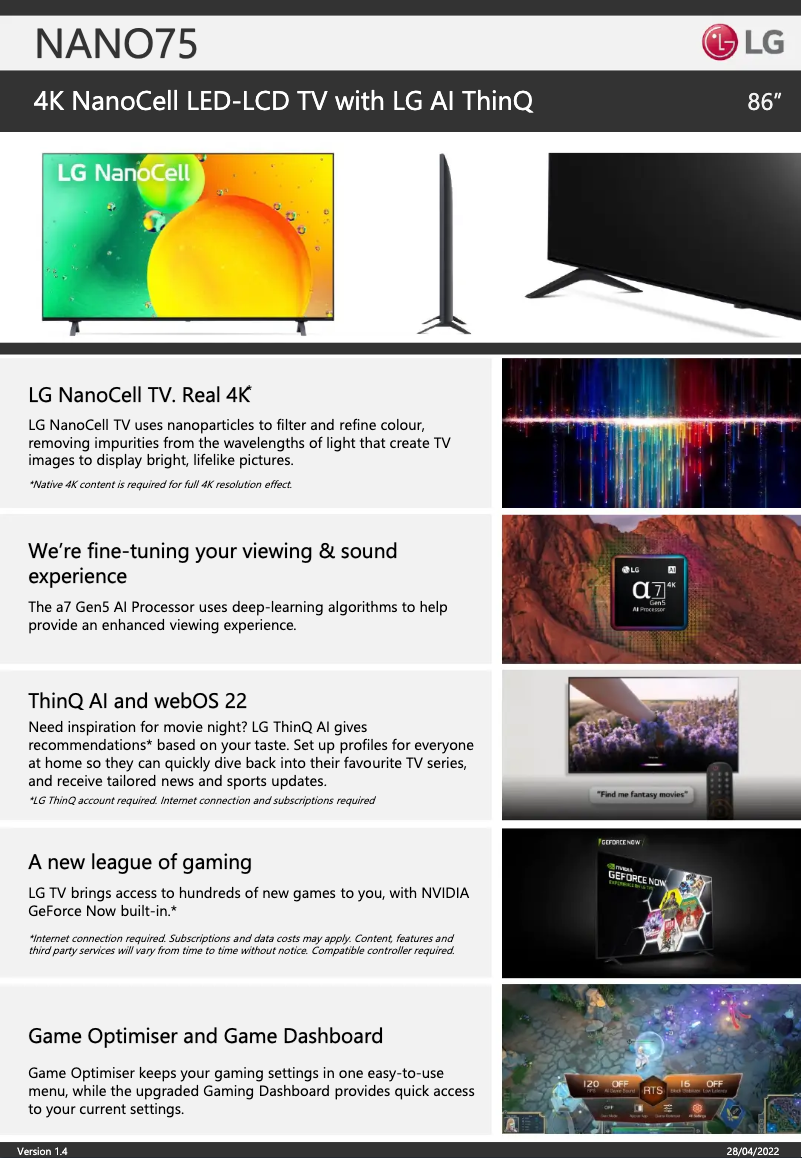 Page 1 de la notice Fiche technique LG 86NANO75SQA