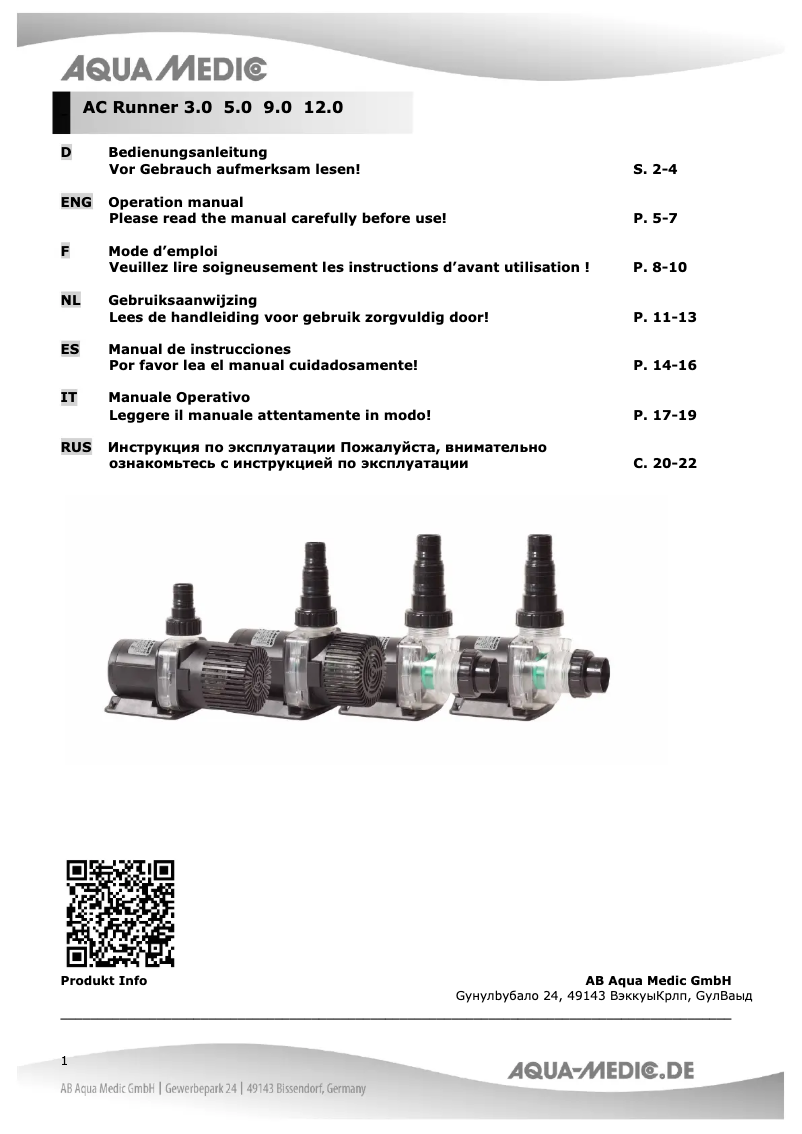 Page 1 de la notice Manuel utilisateur Aqua Medic AC Runner 12.0