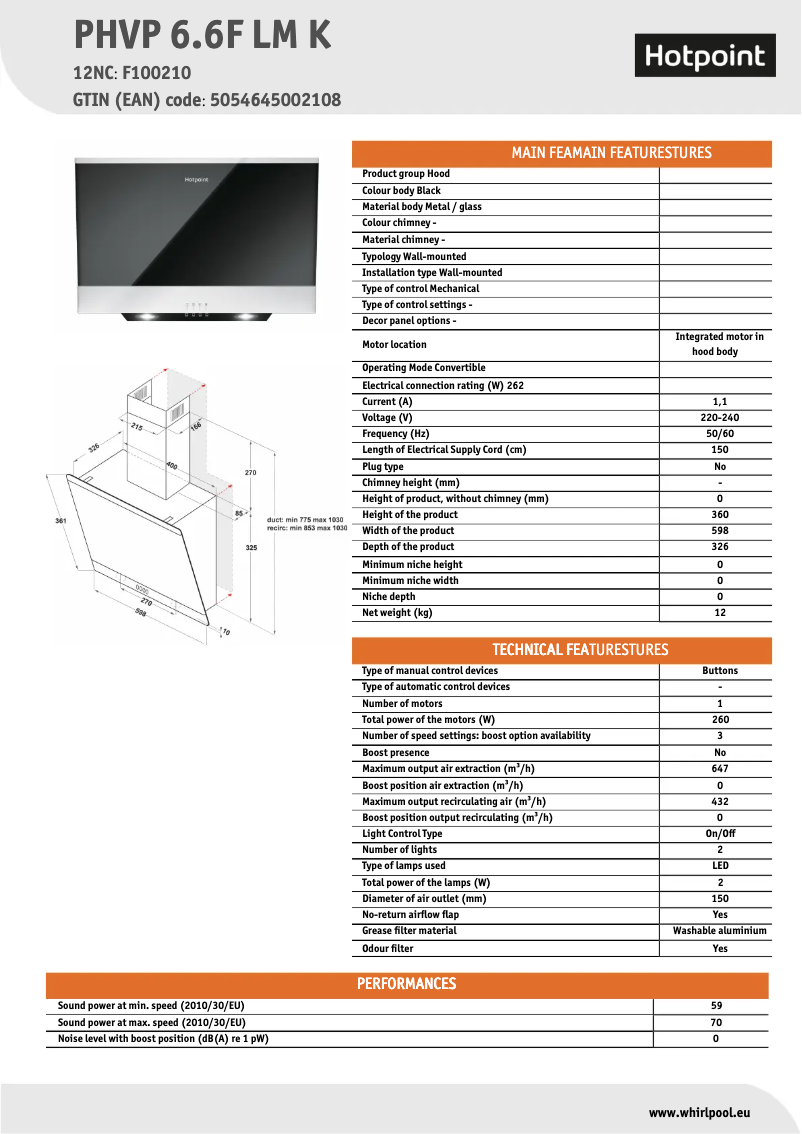 Page 1 de la notice Fiche technique Hotpoint PHVP 6.6F LM K