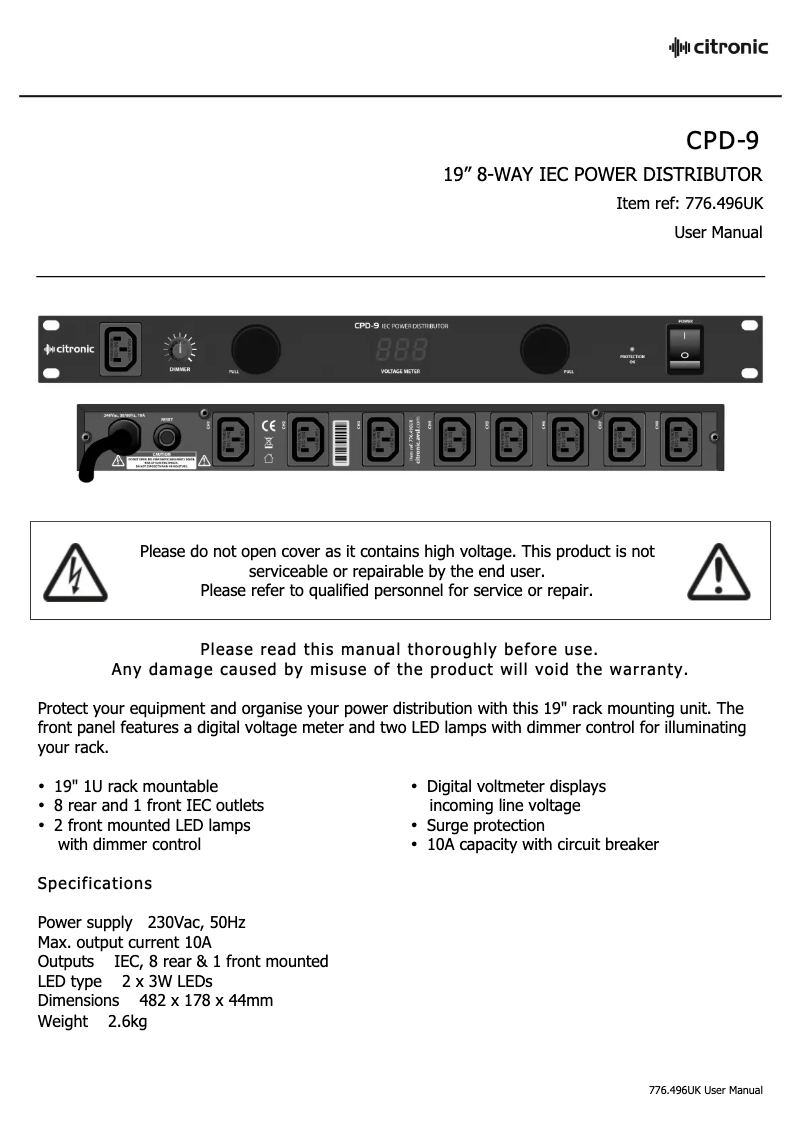 Page 1 de la notice Manuel utilisateur Citronic CPD-9