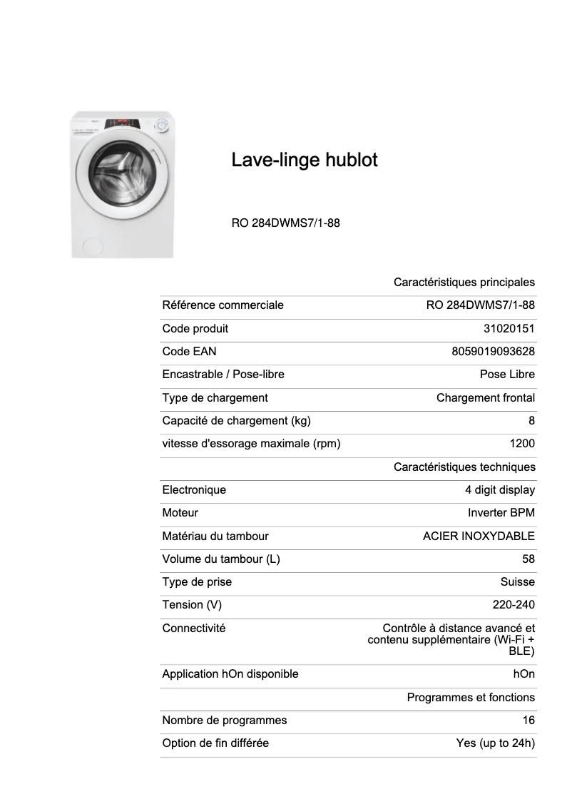 Page 1 de la notice Fiche technique Candy RO 284DWMS7/1-88