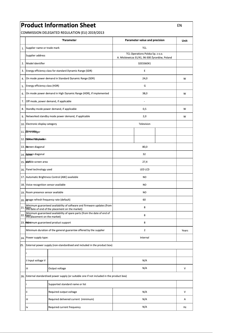 Page 1 de la notice Label énergétique TCL 32ES560