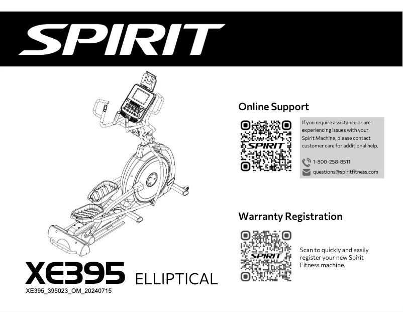 Page 1 de la notice Manuel utilisateur Spirit Fitness XE395