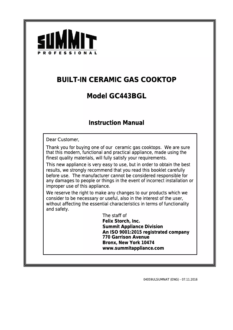 Page n°1 - Manuel utilisateur Summit GC443BGL