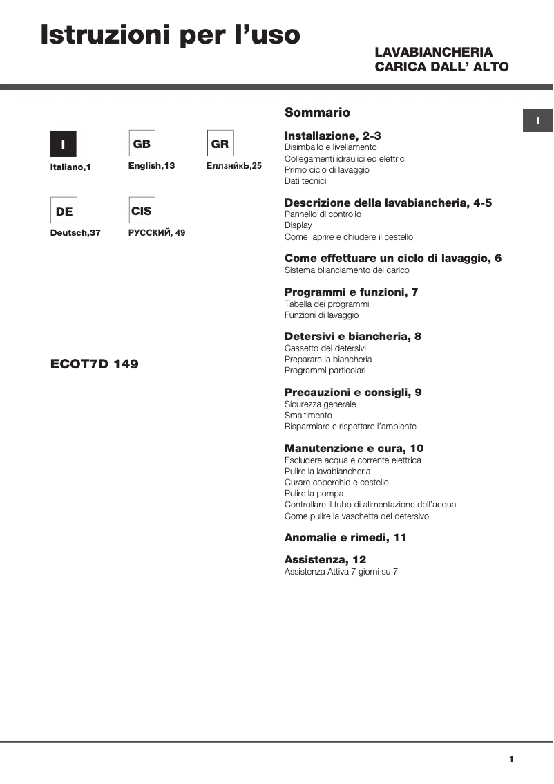 Page n°1 - Manuel utilisateur Hotpoint Ariston ECOT7D 149 (EU)