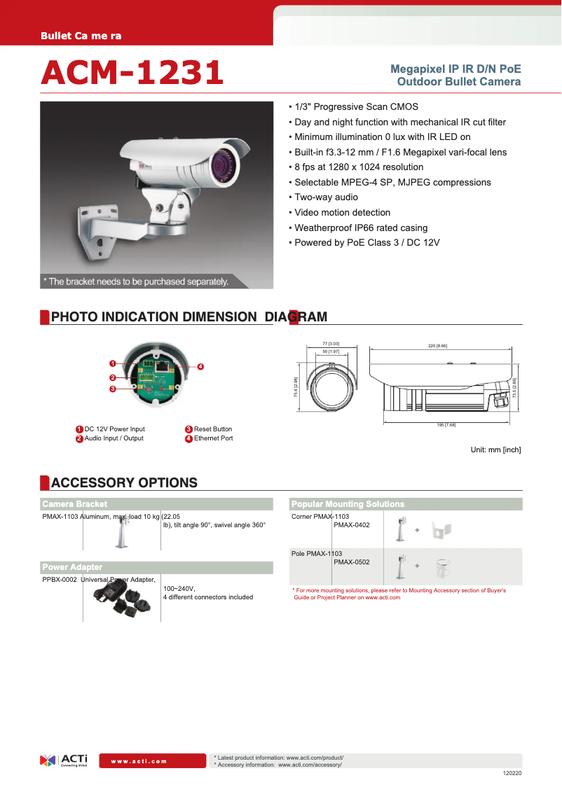 Page 1 de la notice Fiche technique ACTi ACM-1231