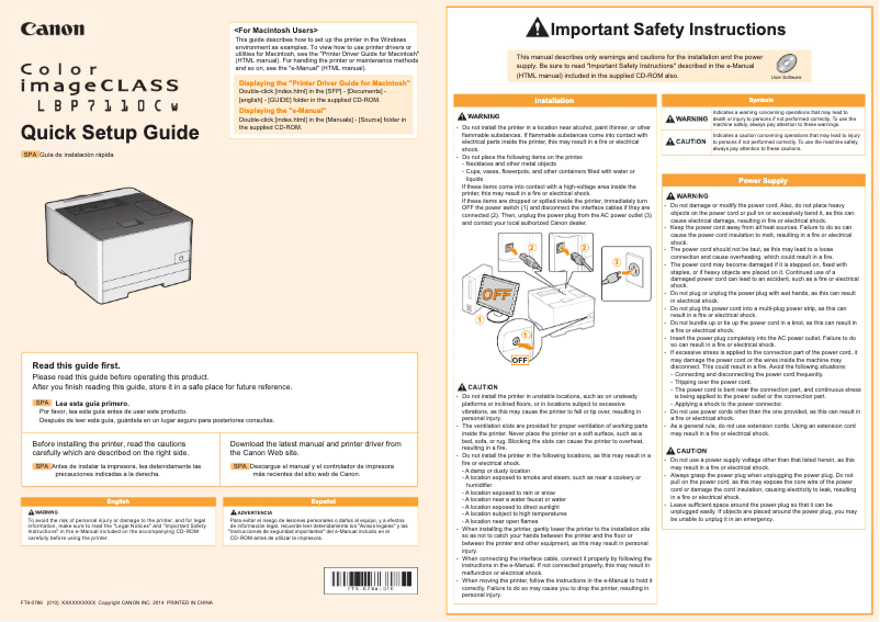 Page 1 de la notice Manuel utilisateur Canon imageCLASS LBP7110CW