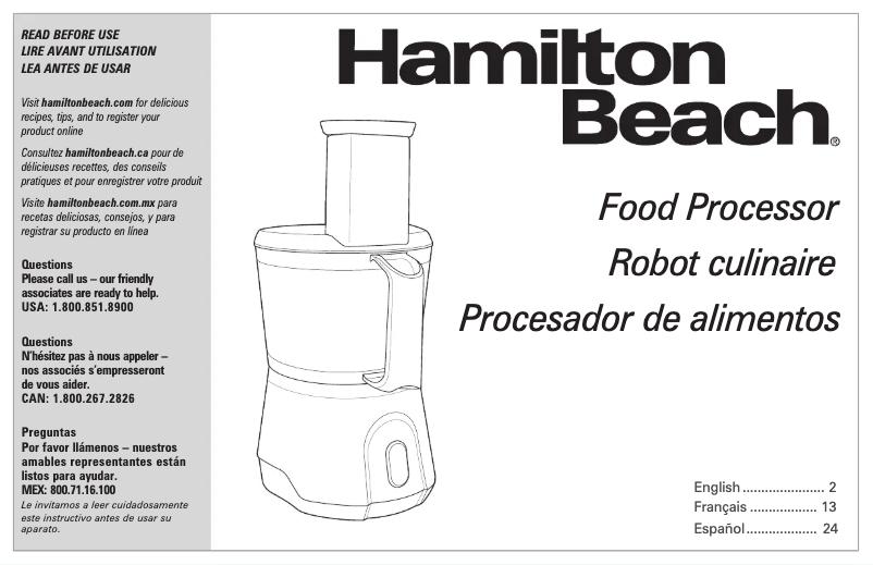 Page n°1 - Manuel d'utilisation et d'entretien Hamilton Beach 70760