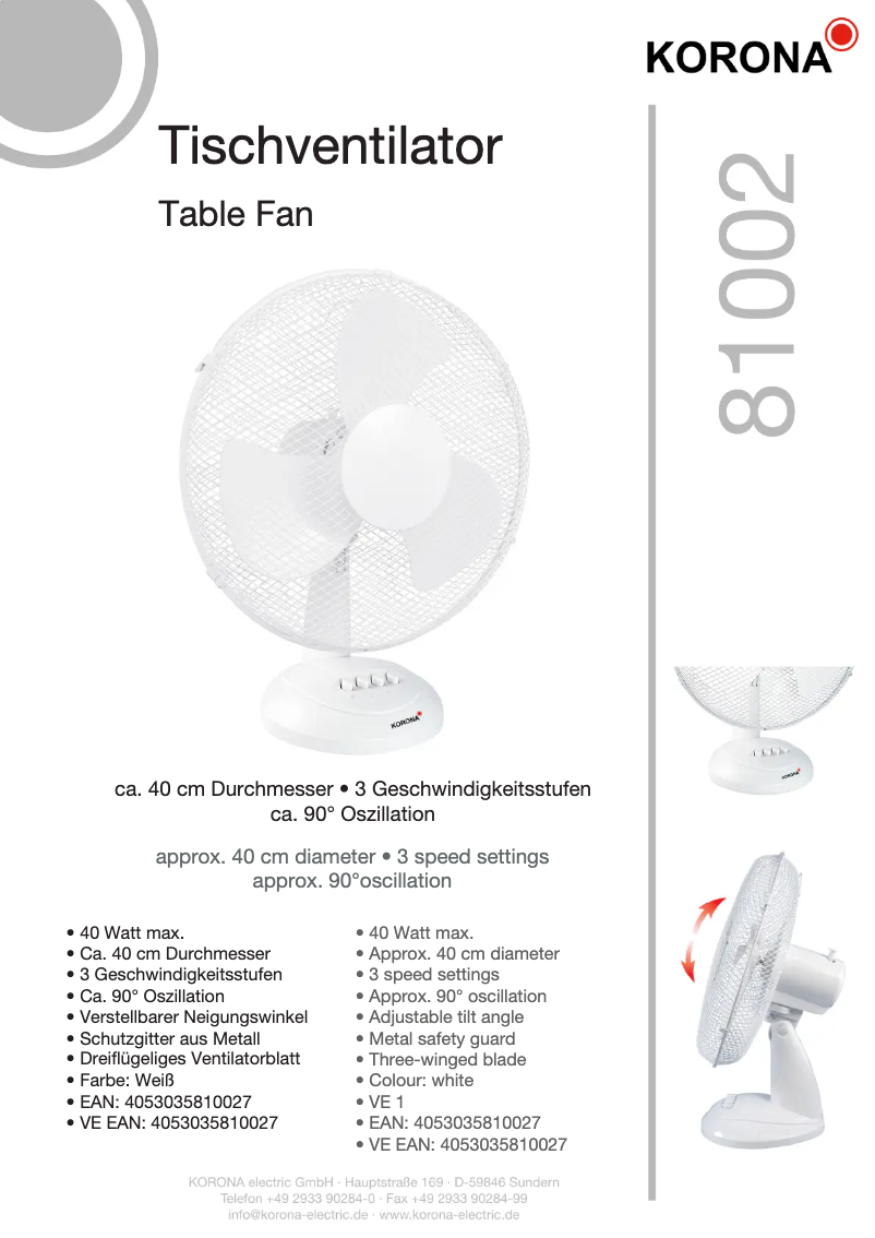 Página 1 del manual Ficha técnica Korona 81002