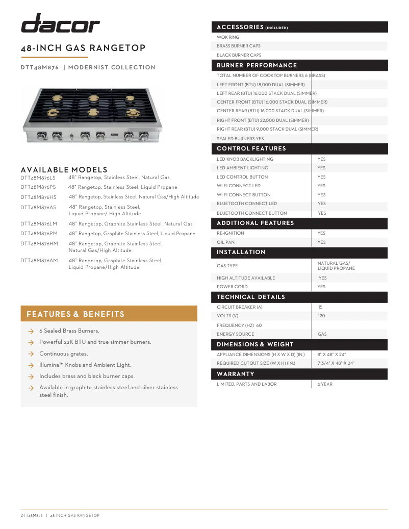 Page n°1 - Fiche technique Dacor DTT48M876LM