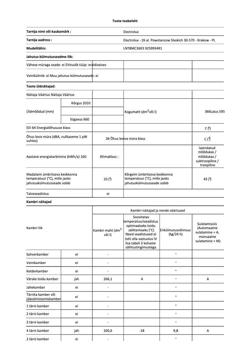 Page 1 de la notice Fiche technique Electrolux LNT8MC36X3