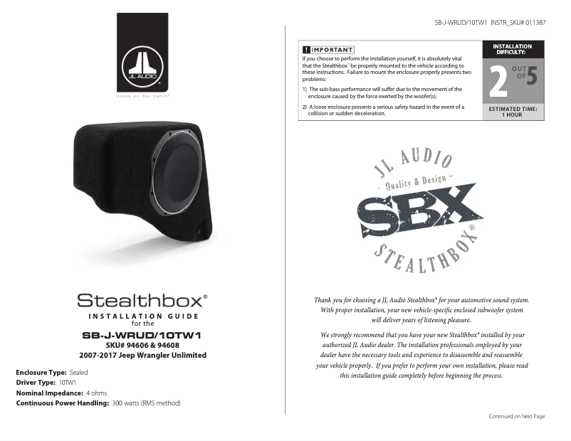 Page 1 de la notice Manuel utilisateur JL Audio Stealthbox SB-J-WRUD/10TW1/BK