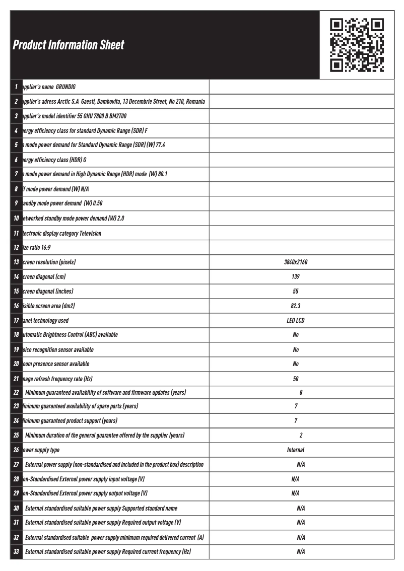 Page n°1 - Fiche technique Grundig 55 GHU 7800 B