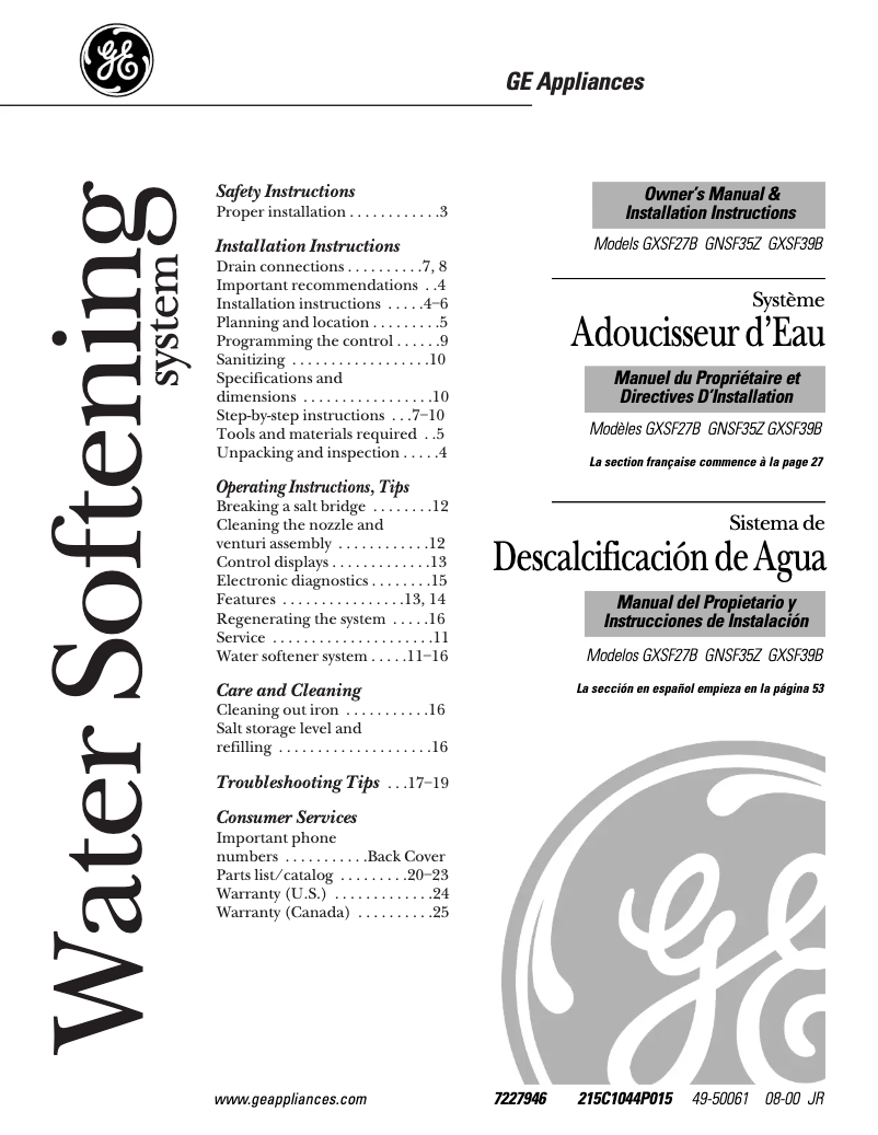 Page n°1 - Manuel d'utilisation et d'entretien GE GXSF27B