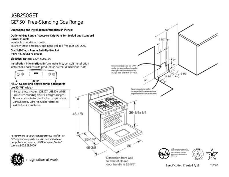 Page 1 of the manual Technical Sheet GE JGB250TSA