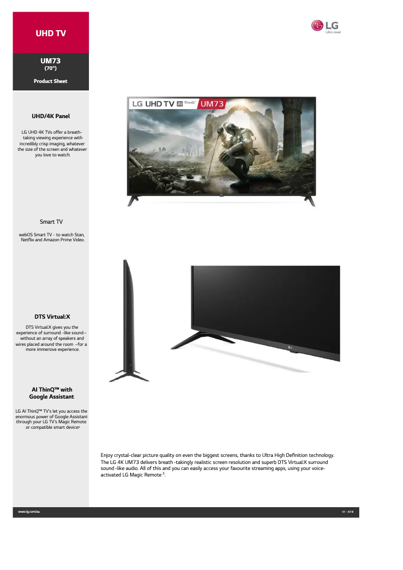 Page 1 de la notice Fiche technique LG 70UM7300PTA