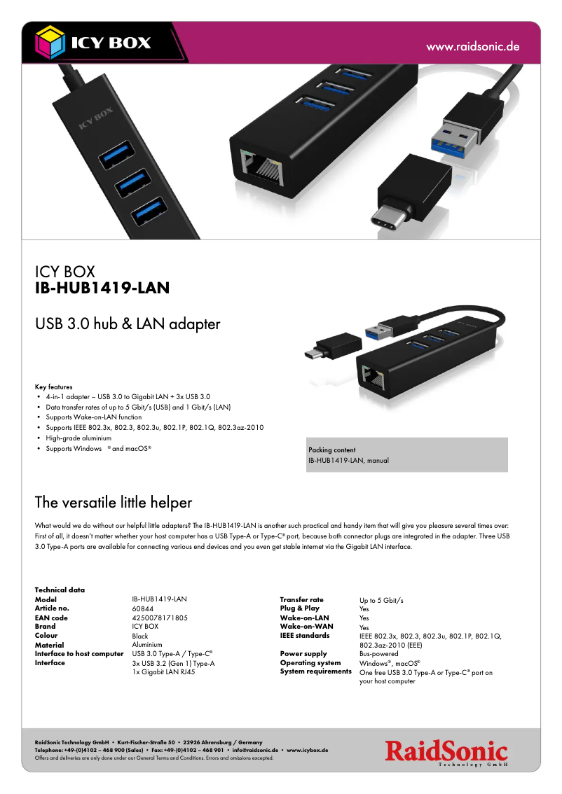Página 1 del manual Ficha técnica Icy Box IB-HUB1419-LAN