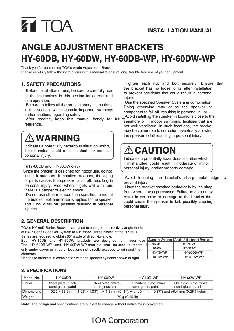 Page n°1 - Manuel utilisateur TOA HY-60DB-WP-3