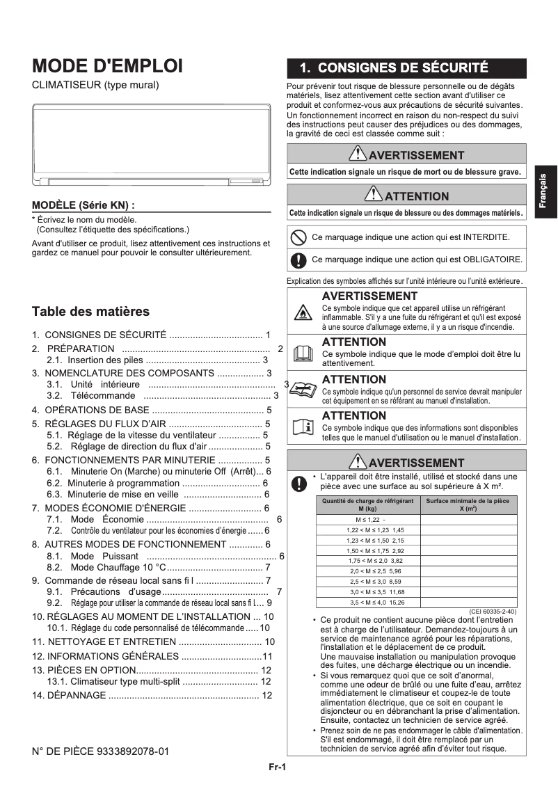 Image de la première page du manuel de l'appareil ASHH12KNCA