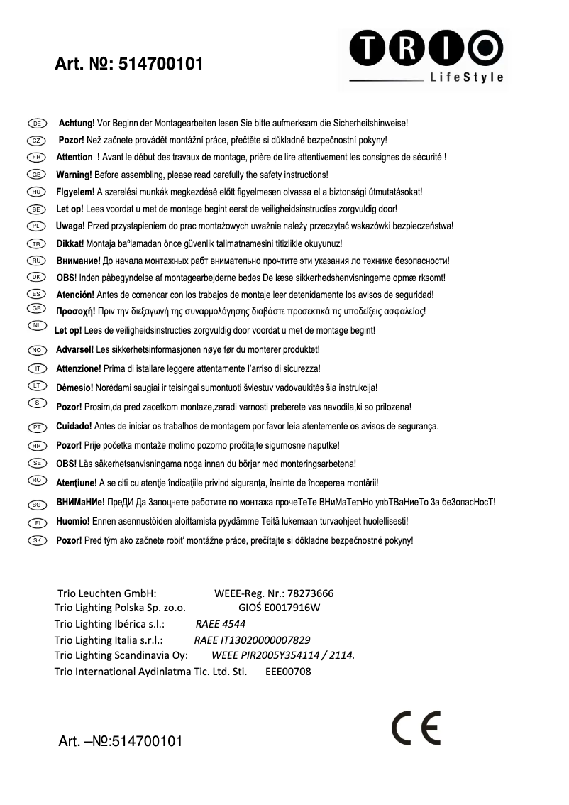 Page 1 de la notice Manuel utilisateur Trio Lighting Toulon 514700101