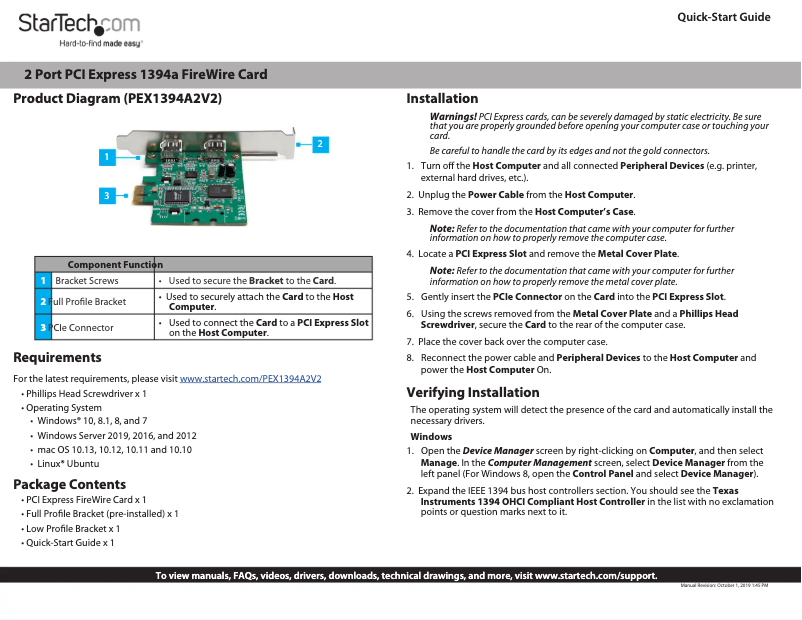 Page 1 de la notice Guide de démarrage rapide StarTech.com PEX1394A2V2